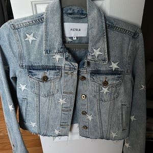 Denim cropped jacket with embroidered stars